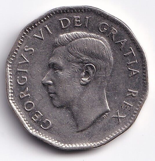 Canada 1950 Five Cent 5c Nickel King George VI Almost Uncirculated