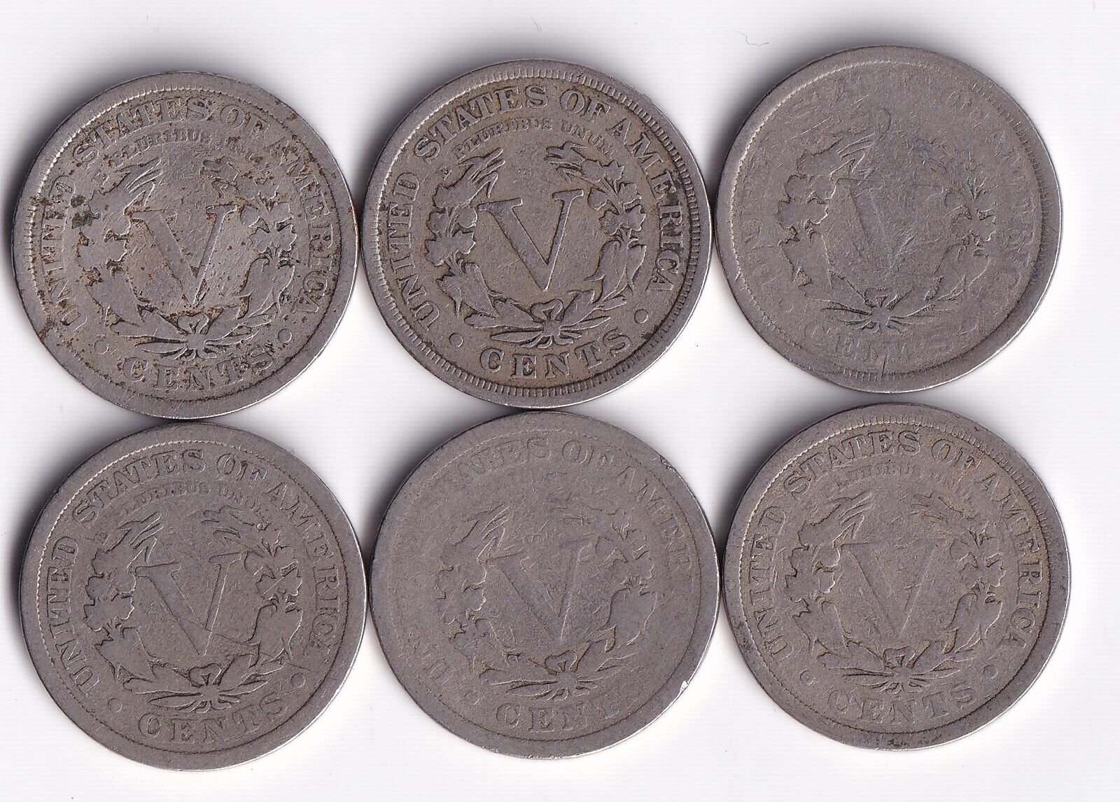 USA 1909 5c Liberty Head Nickels Lot Of Six Harder Date