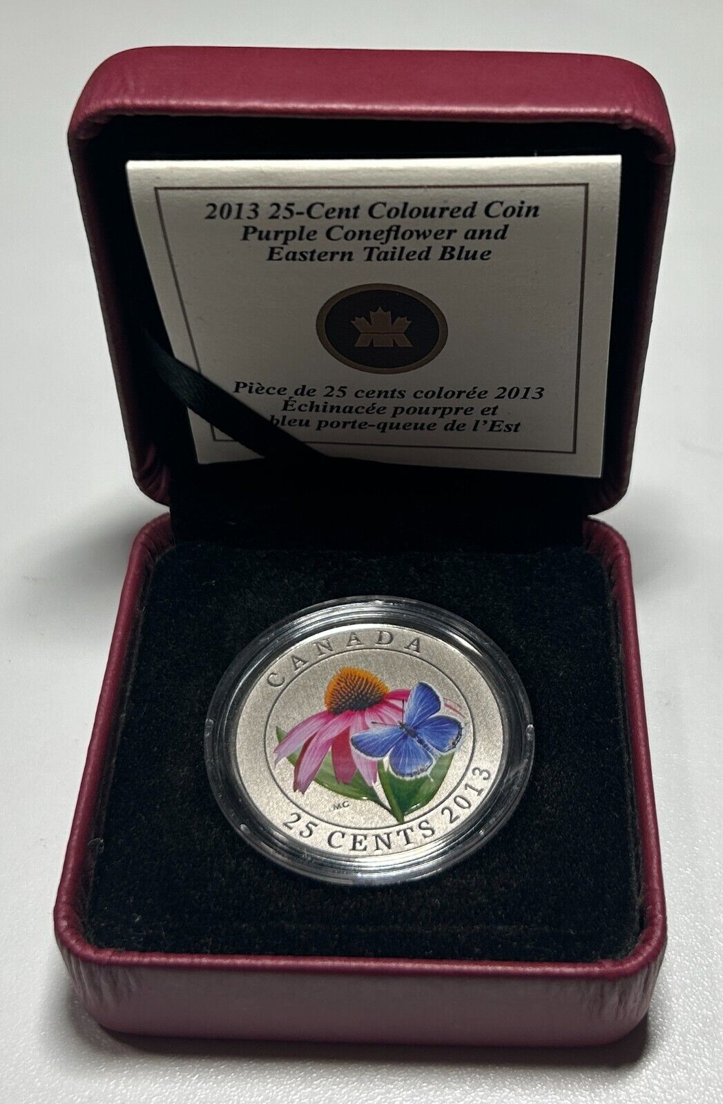 2013 Canada 25 Cent Colour Purple Coneflower and Eastern Tailed Blue Box + COA