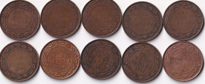 Canada 1913 1 Cent Lot of Ten Large Cents King George V Coins Harder Date