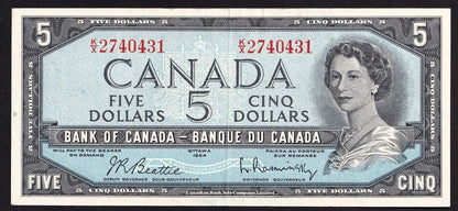 Canada 1954 $5 Five Dollar Banknote Beattie - Rasminsky Nice Colour K/X 2740431