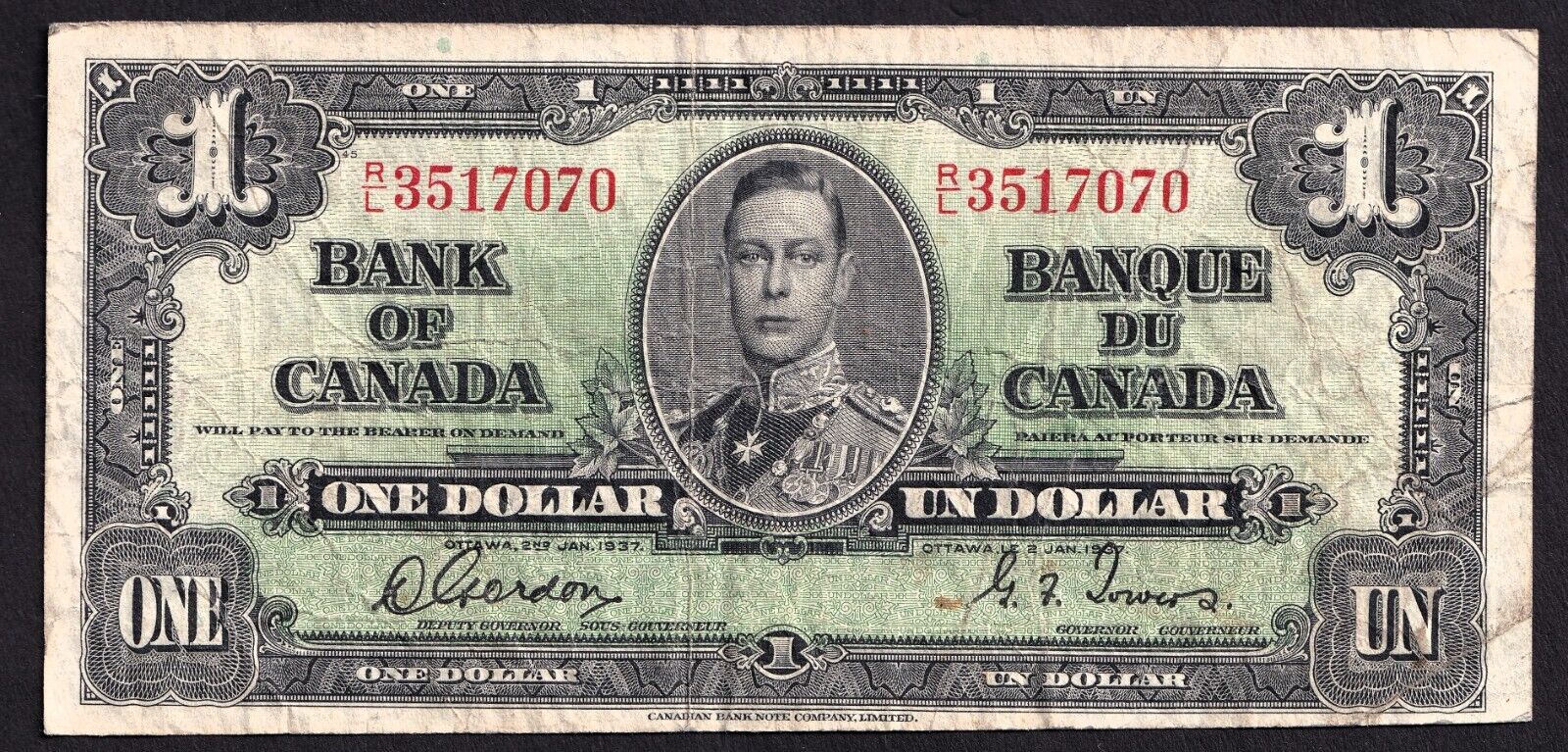 Canada 1937 $1 One Dollar Banknote Gordon - Towers R/L 3517070