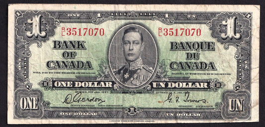 Canada 1937 $1 One Dollar Banknote Gordon - Towers R/L 3517070