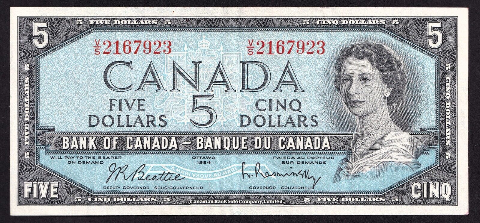 Canada 1954 $5 Five Dollar Banknote Beattie - Rasminsky Nice Colour V/S 2167923