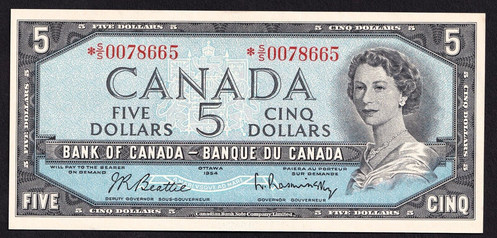 Canada 1954 $5 Five Dollar Replacement Banknote Beattie - Rasminsky *SS 0078665