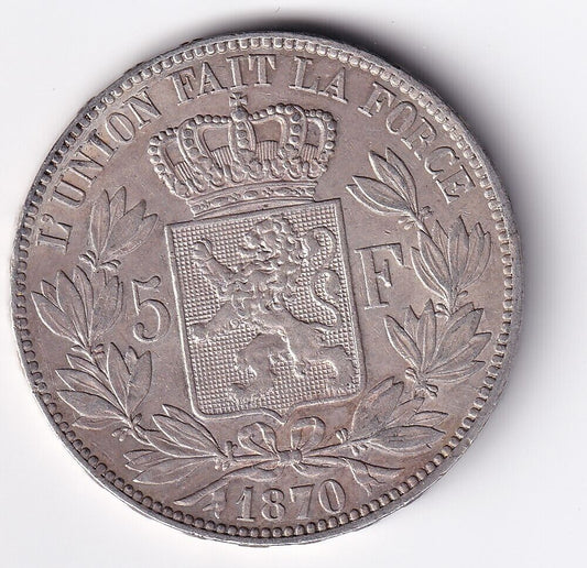 1870 Belgium 5 Francs Leopold II Roi des Belges .900 Silver Large Coin #2