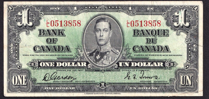 Canada 1937 $1 One Dollar Banknote Gordon - Towers L/L 0513858