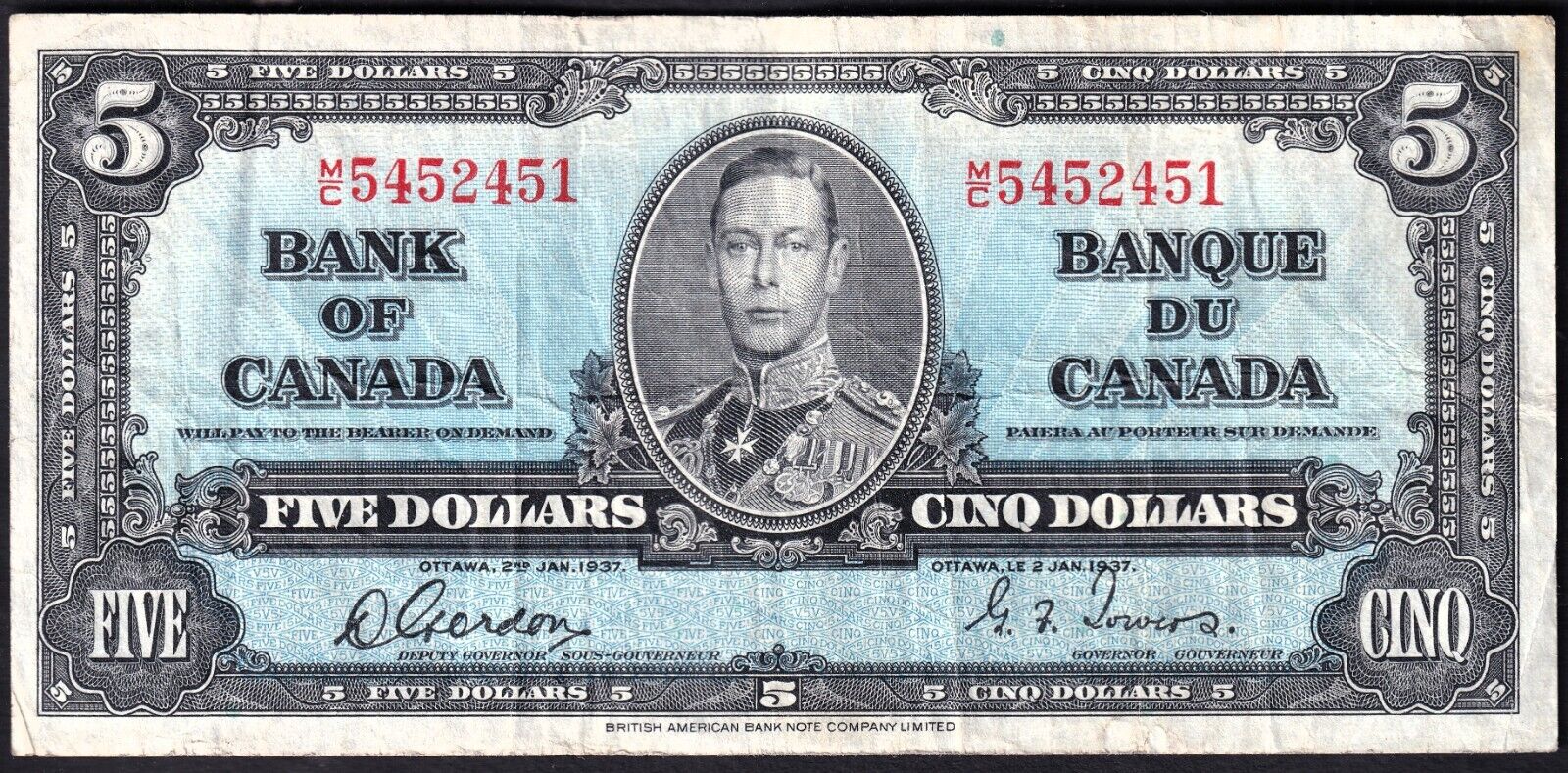 Canada 1937 $5 Five Dollar Banknote Gordon - Towers M/C 5452451