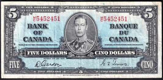 Canada 1937 $5 Five Dollar Banknote Gordon - Towers M/C 5452451