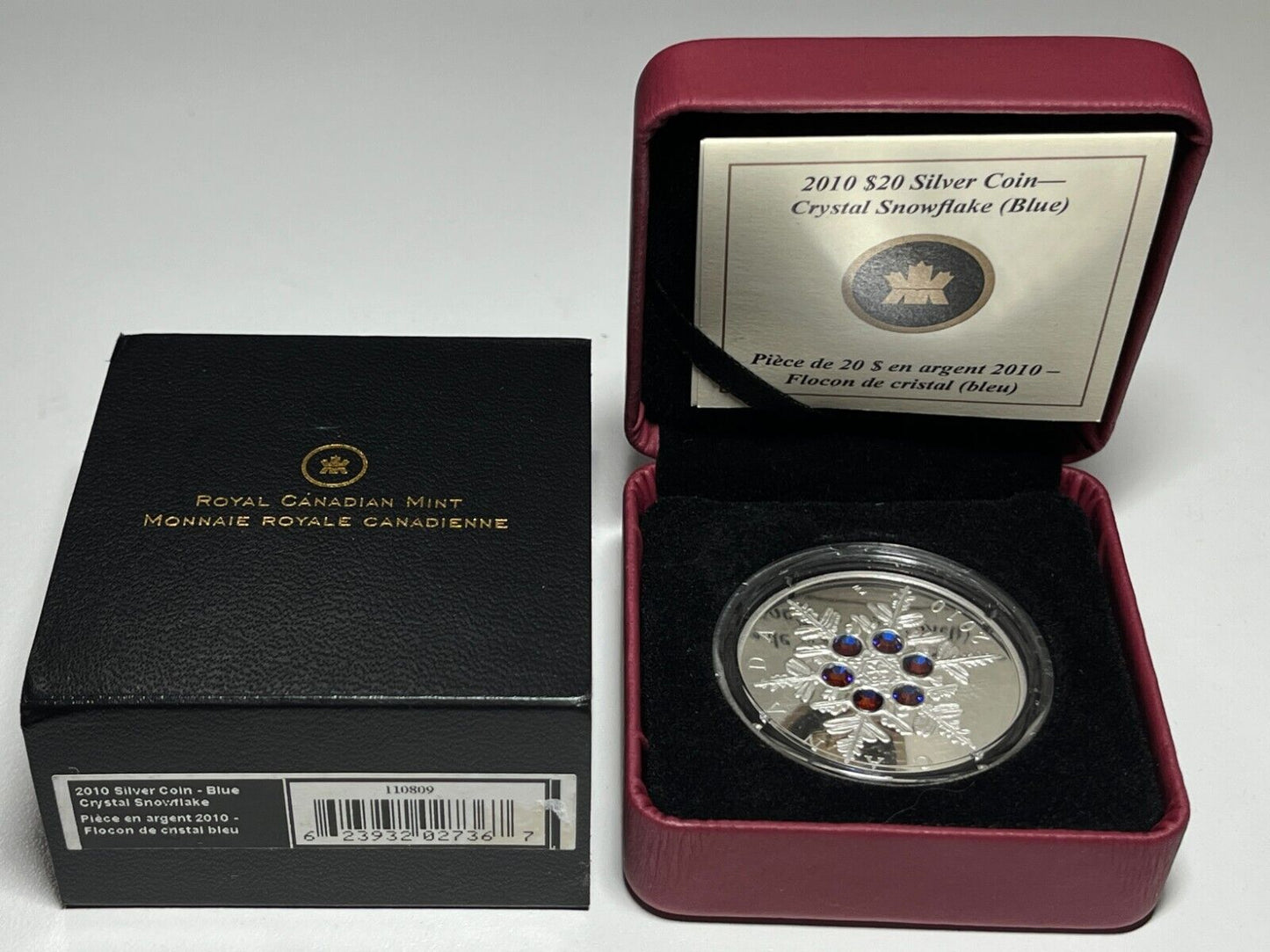 Royal Canadian Mint 2010 $20 Silver Coin Blue Crystal Snowflake W Box + COA