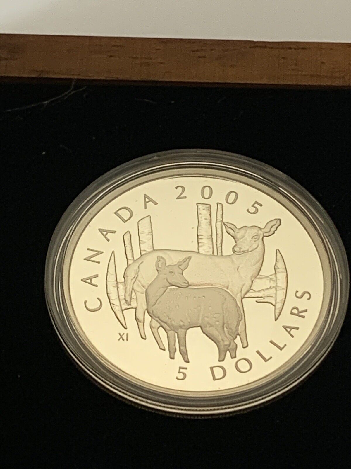 2005 $5 Fine Silver Coin White-Tailed Deer & Fawn Two $1 Stamps COA Wooden Box