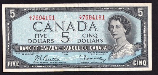 Canada 1954 $5 Five Dollar Banknote Beattie - Rasminsky Nice Colour K/X 7694191