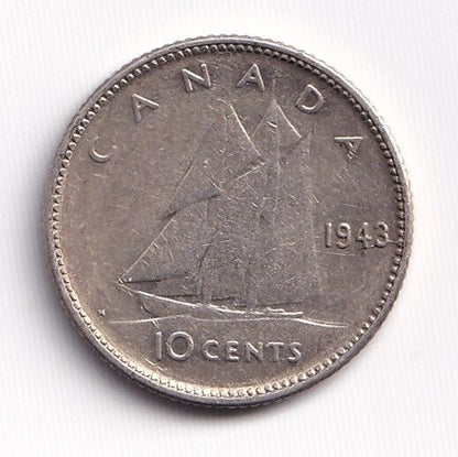 Canada 1943 10c Ten Cent Silver Coin King George VI .800 Silver Die Crack