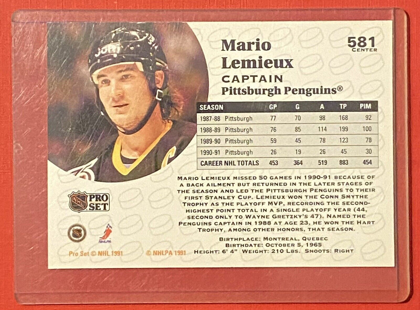 1991-92 NHL Pro Set MARIO LEMIEUX #581 Pittsburgh Penguins