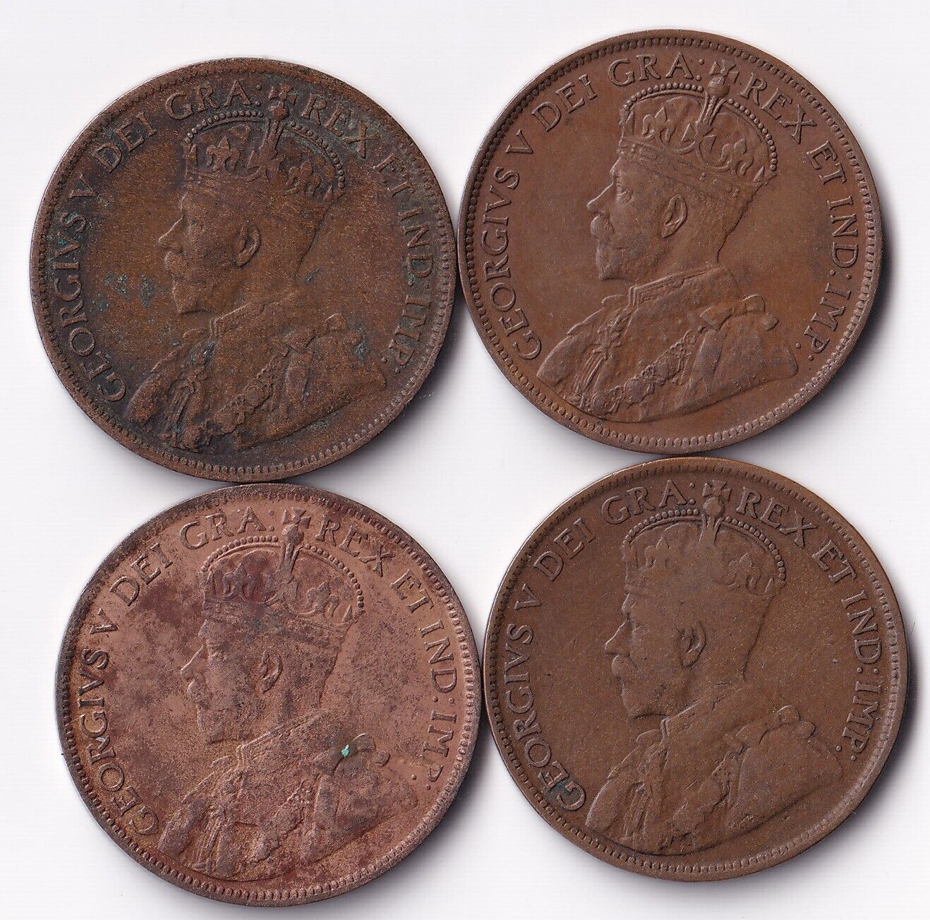 Canada 1915 1 Cent Lot of Four Large Cents King George V Coins Harder Date