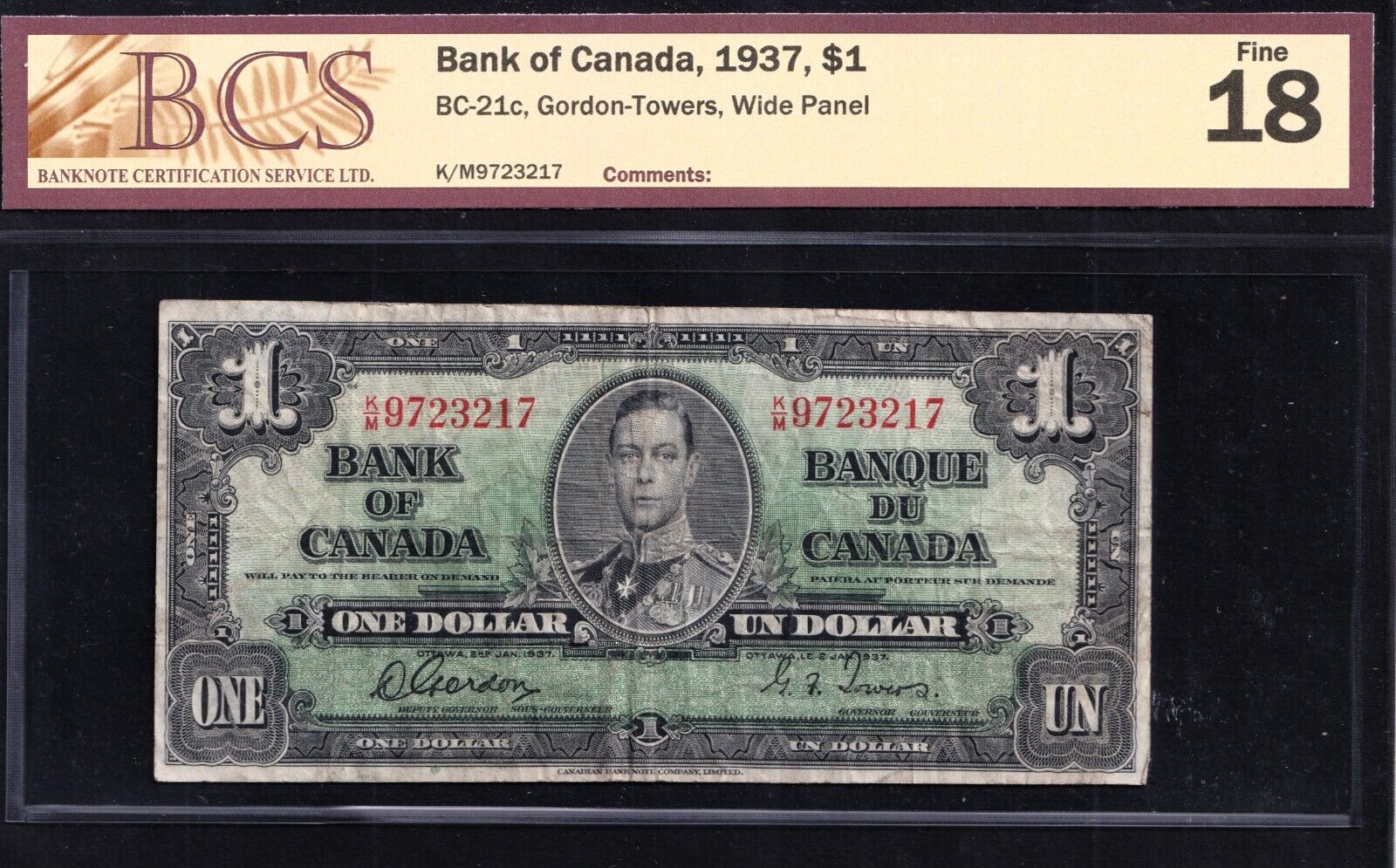 Canada 1937 $1 One Dollar Banknote Gordon - Towers K/M 9723217 BCS F-18