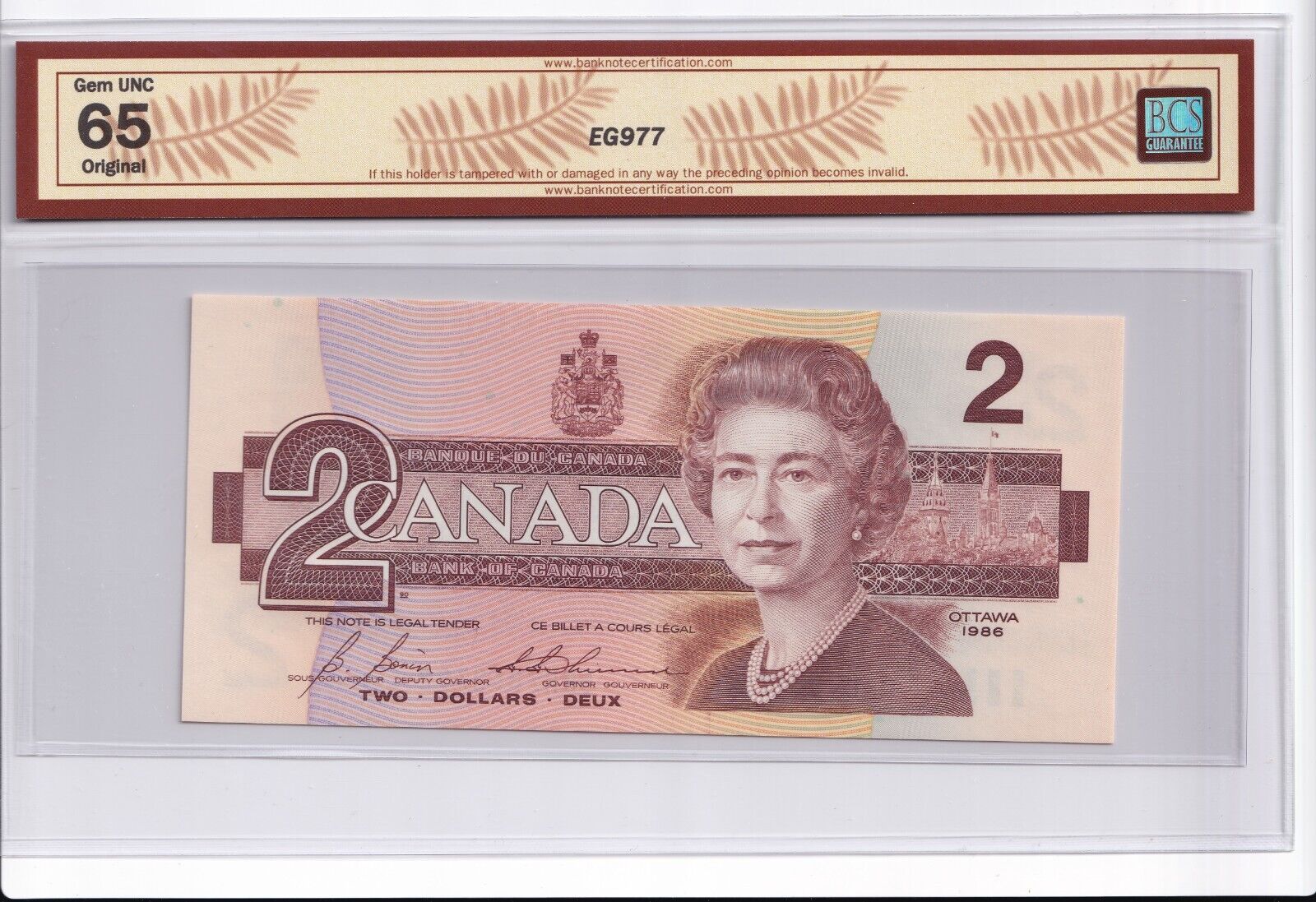 Canada 1986 $2 Two Dollar Banknote Bonin - Thiessen BCS Certified Gem UNC - 65