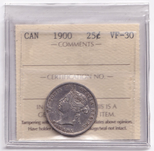 Canada 1900 Twenty Five Cent 25c Silver Coin ICCS Graded VF 20 .925 Silver