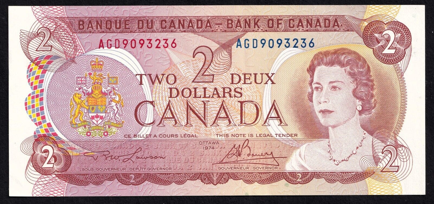 Canada 1974 $2 Two Dollar Banknote Lawson - Bouey AGD 9093236