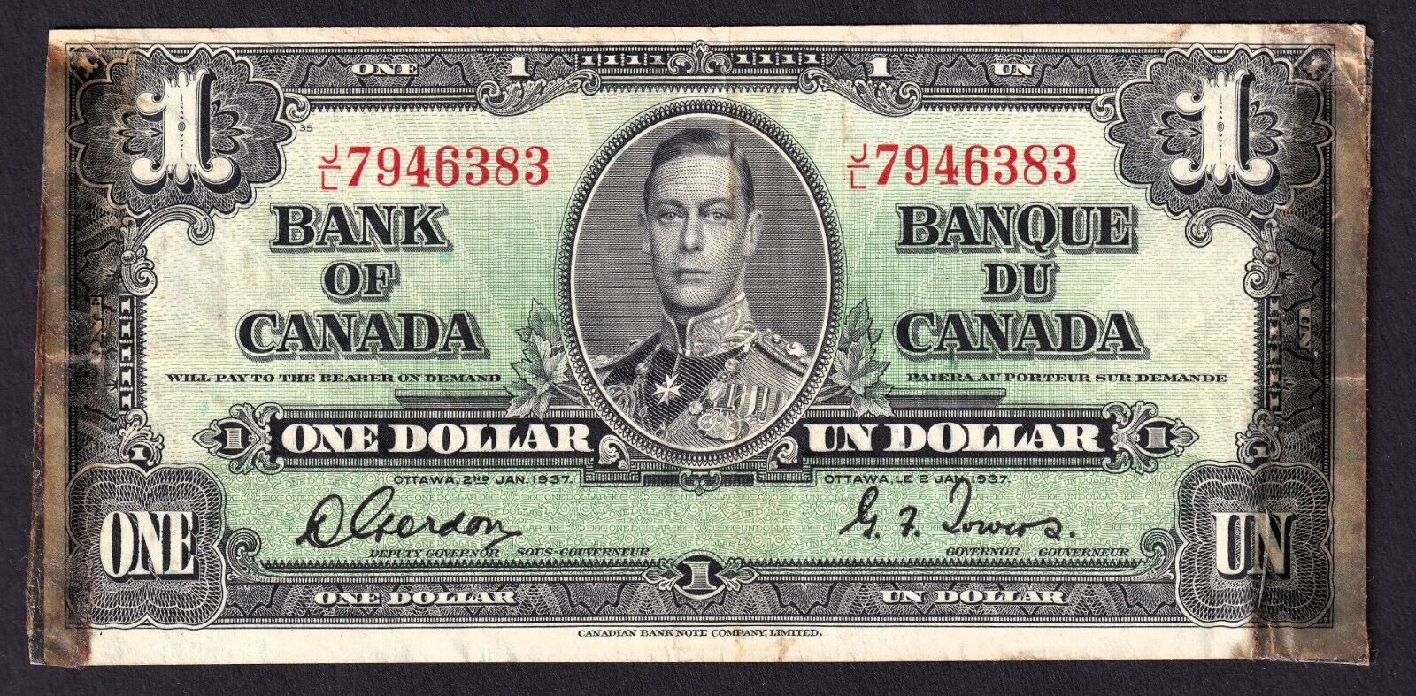 Canada 1937 $1 One Dollar Banknote Gordon - Towers J/L 7946383