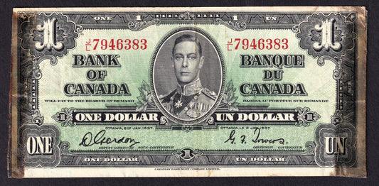 Canada 1937 $1 One Dollar Banknote Gordon - Towers J/L 7946383