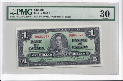 Canada 1937 $1 One Dollar Banknote Osborne - Towers B/A PMG Certified VF-30