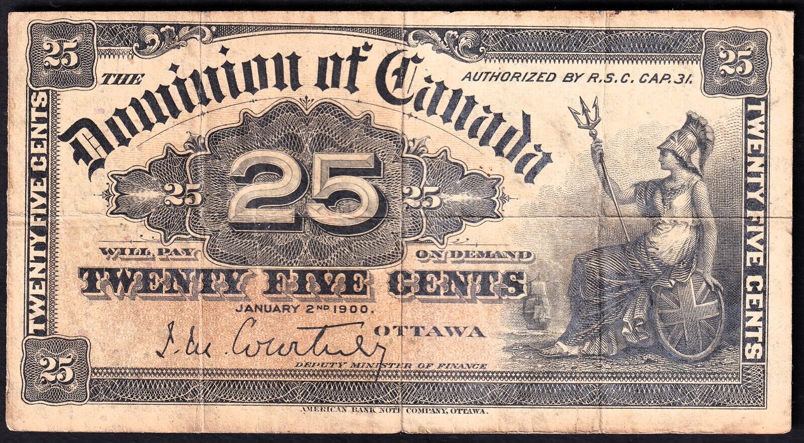 1900 Dominion of Canada 25c Shinplaster Note Courtney