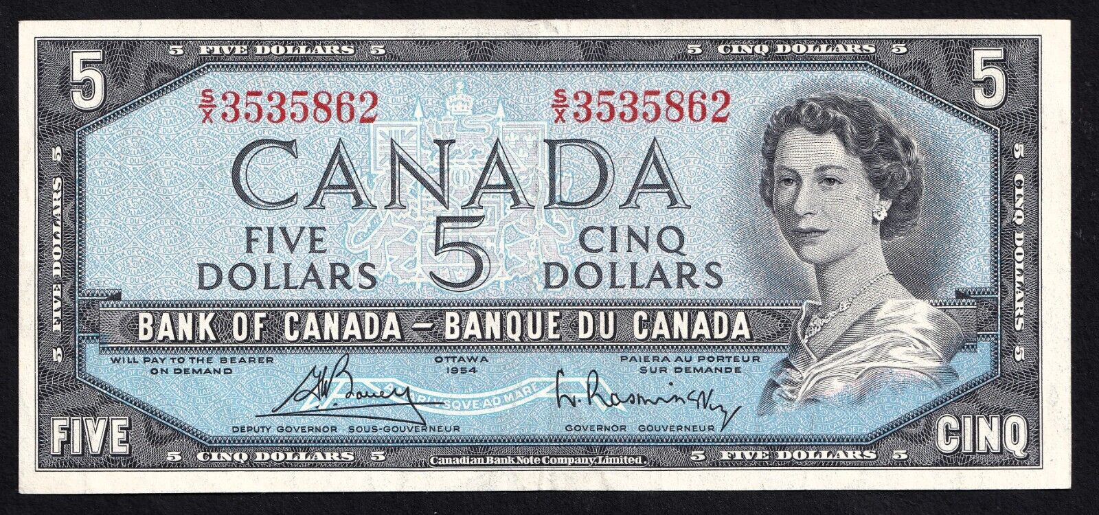 Canada 1954 $5 Five Dollar Banknote Bouey - Rasminsky S/X 3535862