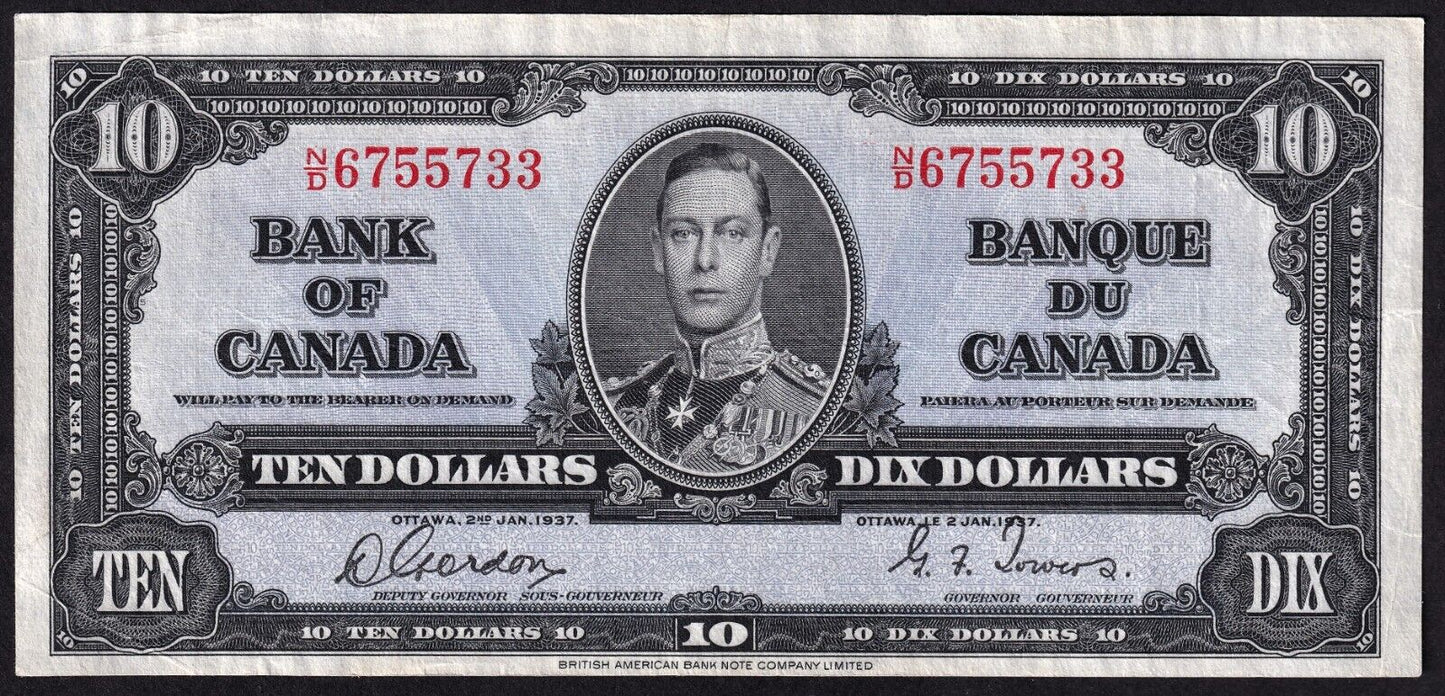 Canada 1937 $10 Ten Dollar Banknote Gordon - Towers N/D 6755733