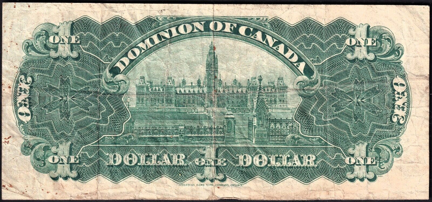 Dominion Of Canada 1911 $1 One Dollar Banknote Boville 457239K Green Line