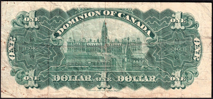 Dominion Of Canada 1911 $1 One Dollar Banknote Boville 457239K Green Line