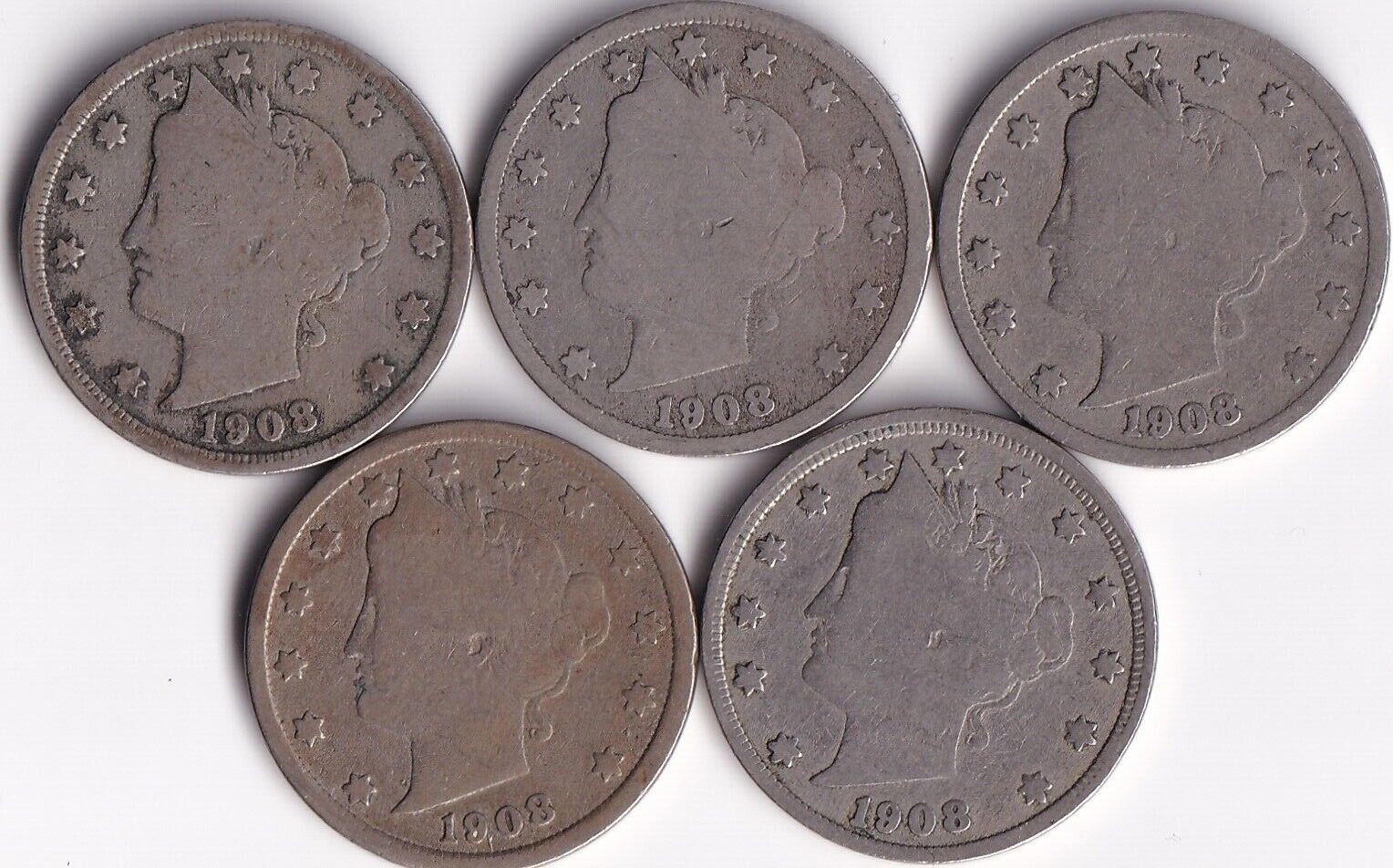 USA 1908 5c Liberty Head Nickels Lot Of Five Very Good VG Harder Date