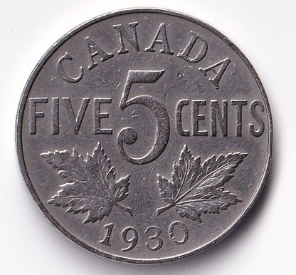 Canada 1930 Five Cent King George Coin VF Very Fine