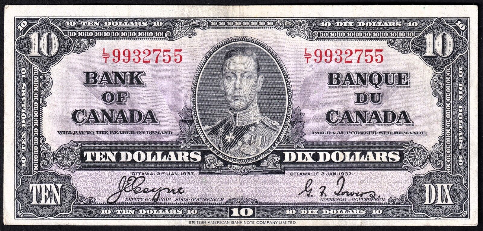 Canada 1937 $10 Ten Dollar Banknote Coyne - Towers L/T 9932755