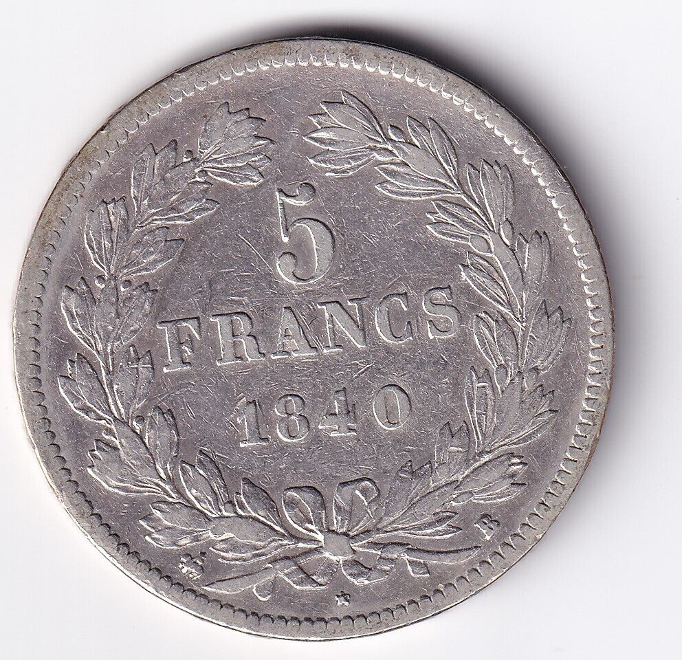 1840 B France 5 Francs Paris Louis Philippe Roi des Francais .900 Silver Large