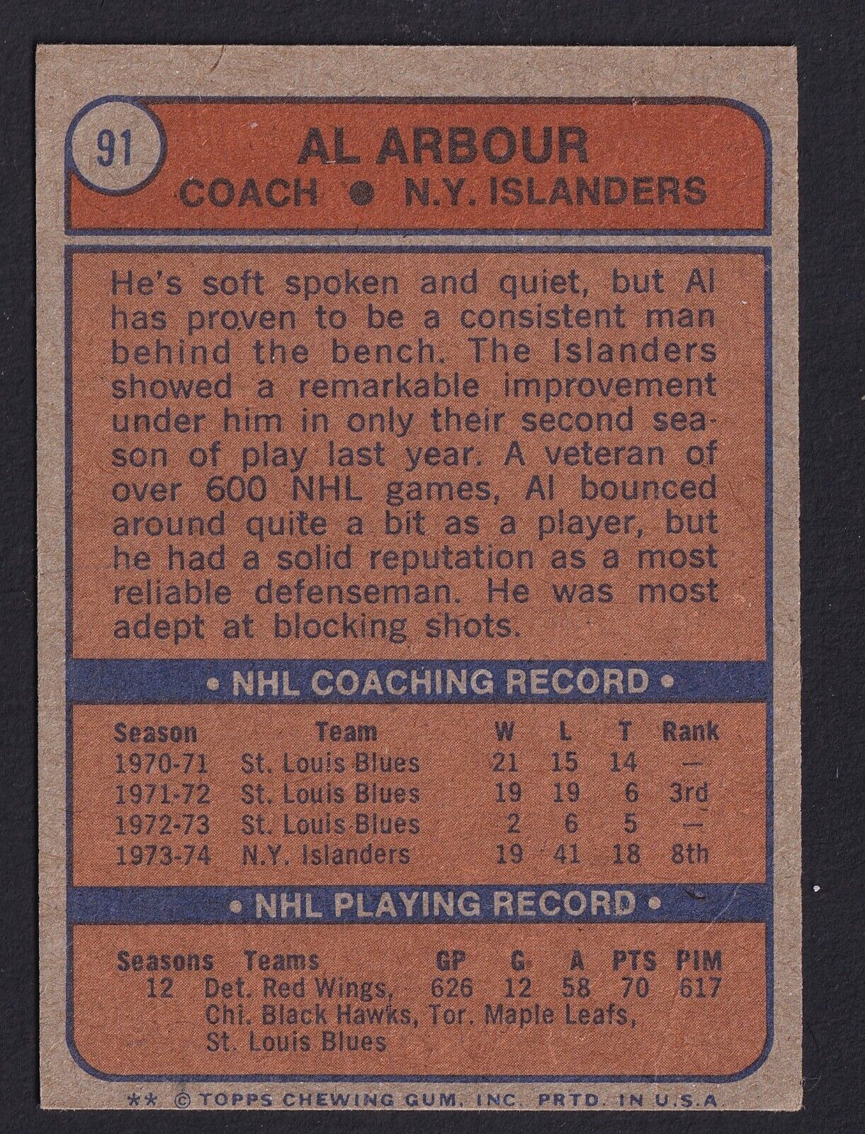 1974-75 O-Pee-Chee Hockey Al Arbour #91 New York Islanders Coach HOF