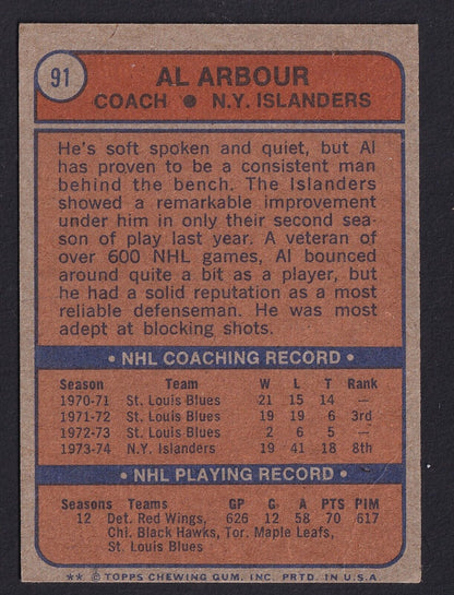 1974-75 O-Pee-Chee Hockey Al Arbour #91 New York Islanders Coach HOF