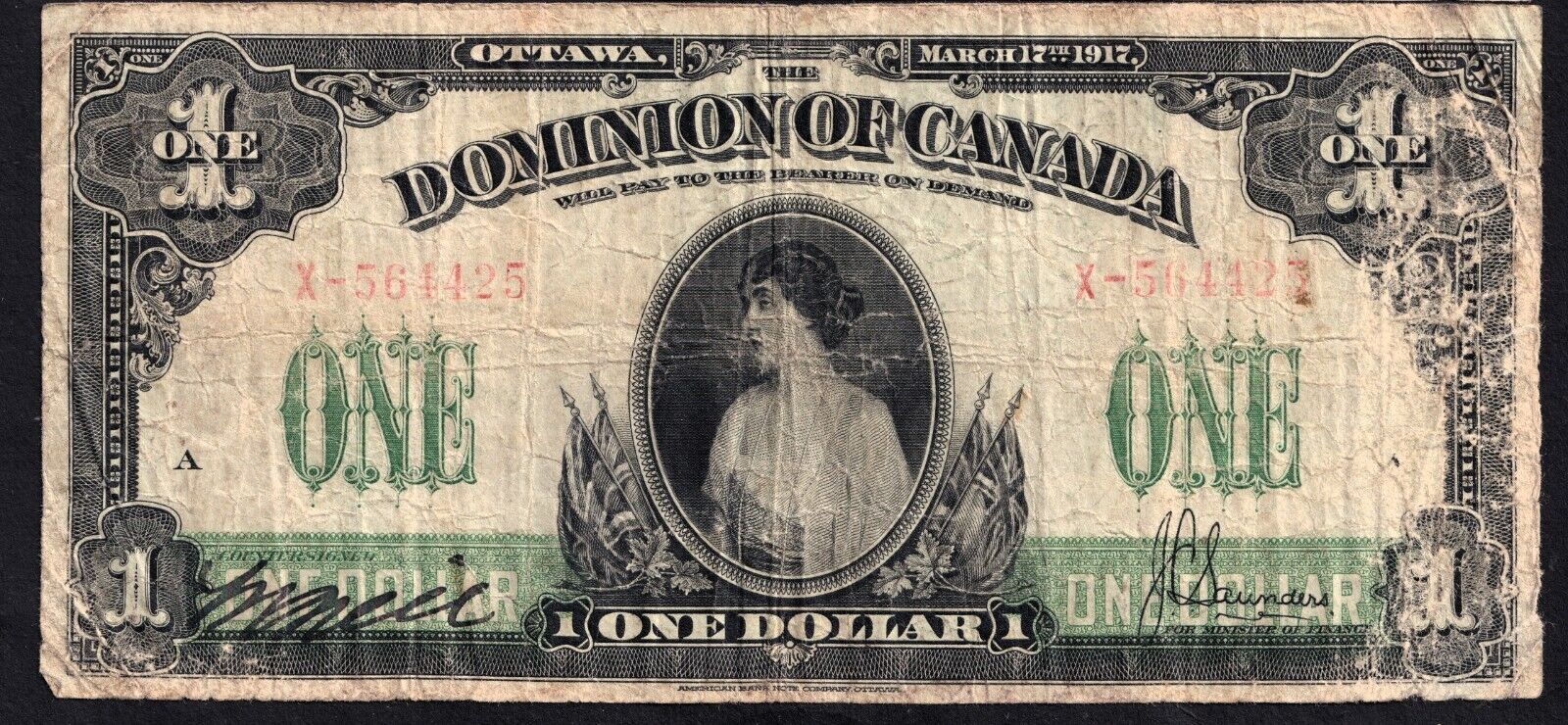 Dominion Of Canada 1917 $1 One Dollar Banknote Saunders X-564425