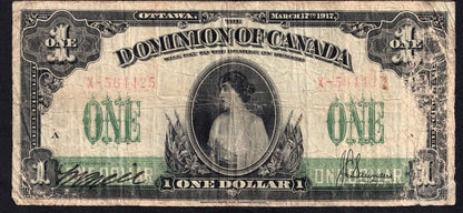 Dominion Of Canada 1917 $1 One Dollar Banknote Saunders X-564425