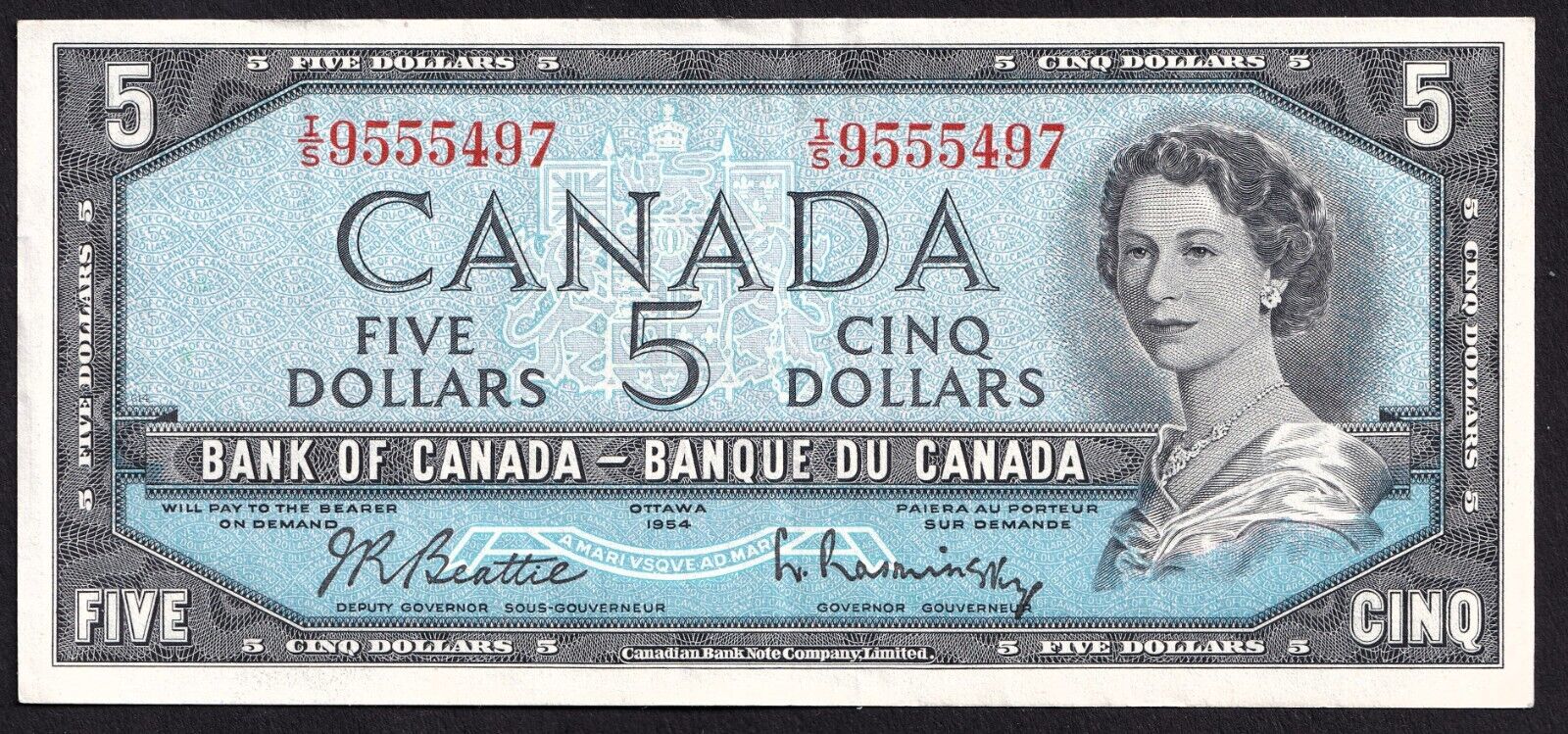 Canada 1954 $5 Five Dollar Banknote Beattie - Rasminsky Nice Colour T/S 9555497