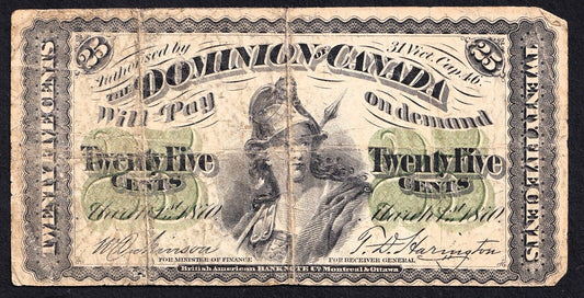 Dominion of Canada 1870 25 Cent Shinplaster Plain Dickinson-Harington Nice Note