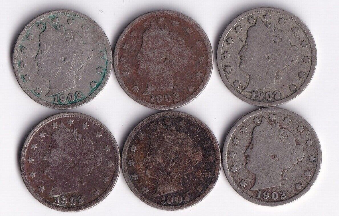 USA 1902 Liberty Head Five Cent Lot Of Six Nickles