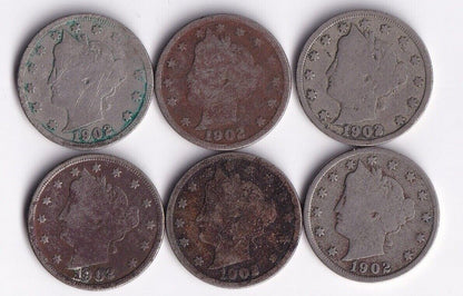 USA 1902 Liberty Head Five Cent Lot Of Six Nickles