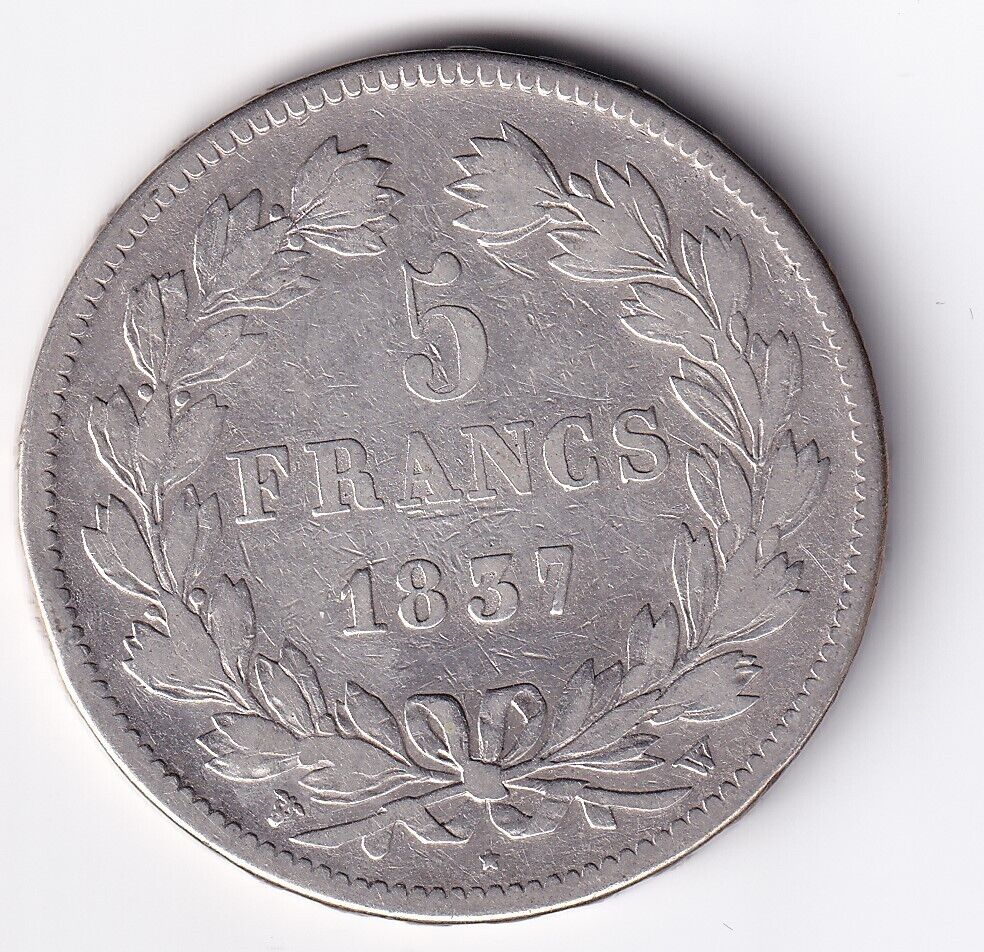 1837 W France 5 Francs Paris Louis Philippe Roi des Francais .900 Silver Large