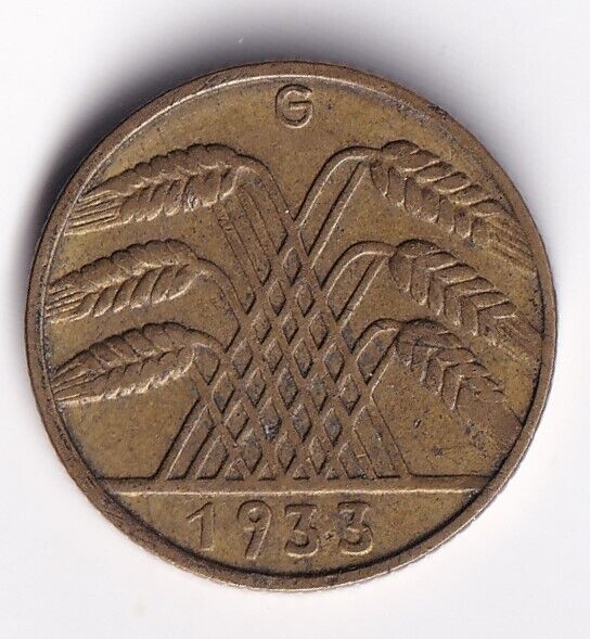 Germany 1933 G Ten Reich Rentenpfenning Mint Mark G World Coin