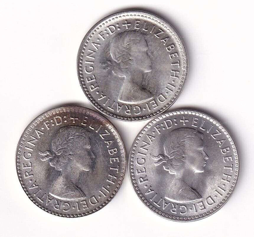 Lot Of Three Australia 1962 Threepence Elizabeth II Silver Coins High Grades