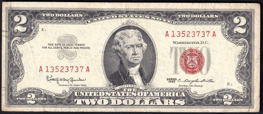 United States USA Series 1963 $2 Two Dollar Banknote A13523737A Red Seal