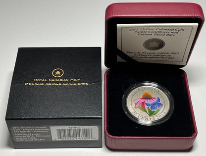 2013 Canada 25 Cent Colour Purple Coneflower and Eastern Tailed Blue Box + COA