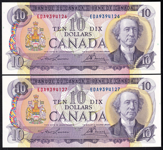 Canada 1971 $10 Ten Dollar Lot Of Two Consecutive Banknotes Lawson - Bouey EDA