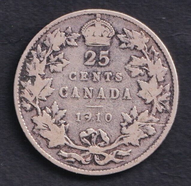 1910 Canada Silver Quarter 25 Twenty Five Cent Piece King Edward VG